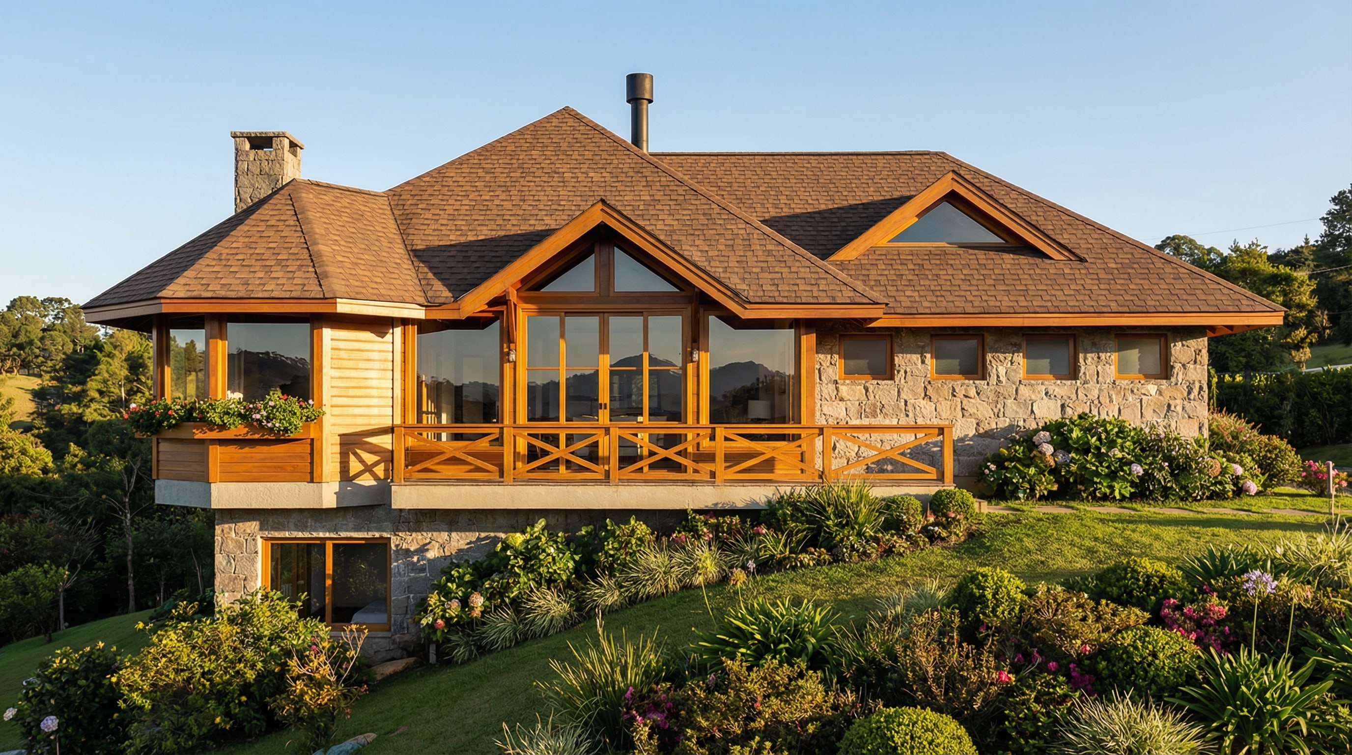 Casa rústica em encosta com pedra, madeira, varanda e jardim colorido